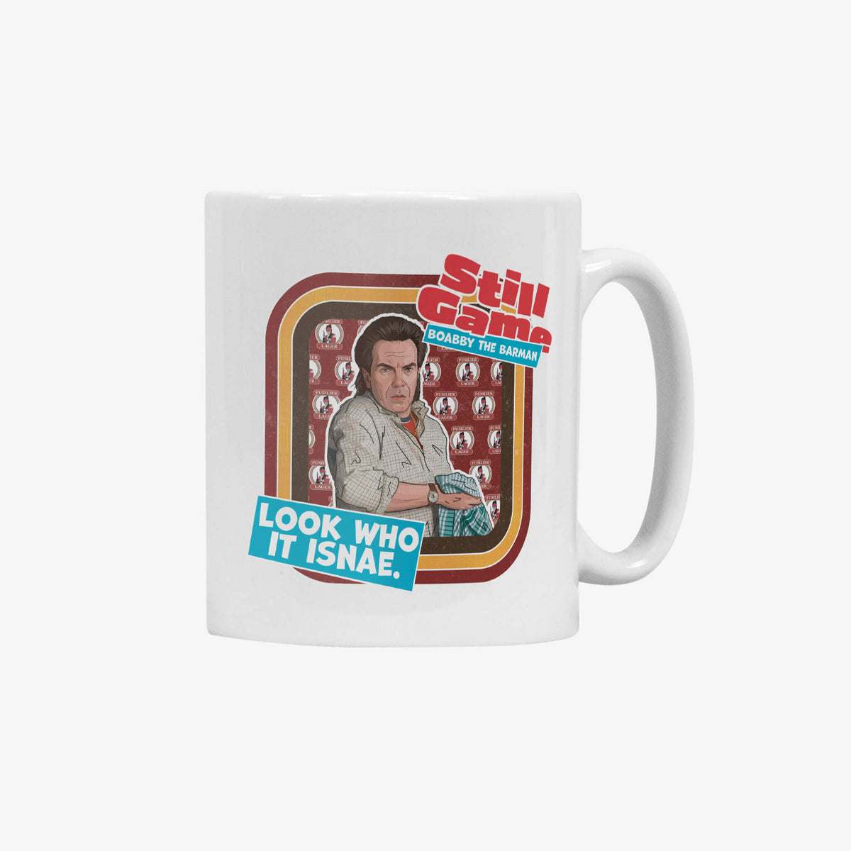 Wite ceramic mug with Boabby The Barman: Look Who It Isnae design