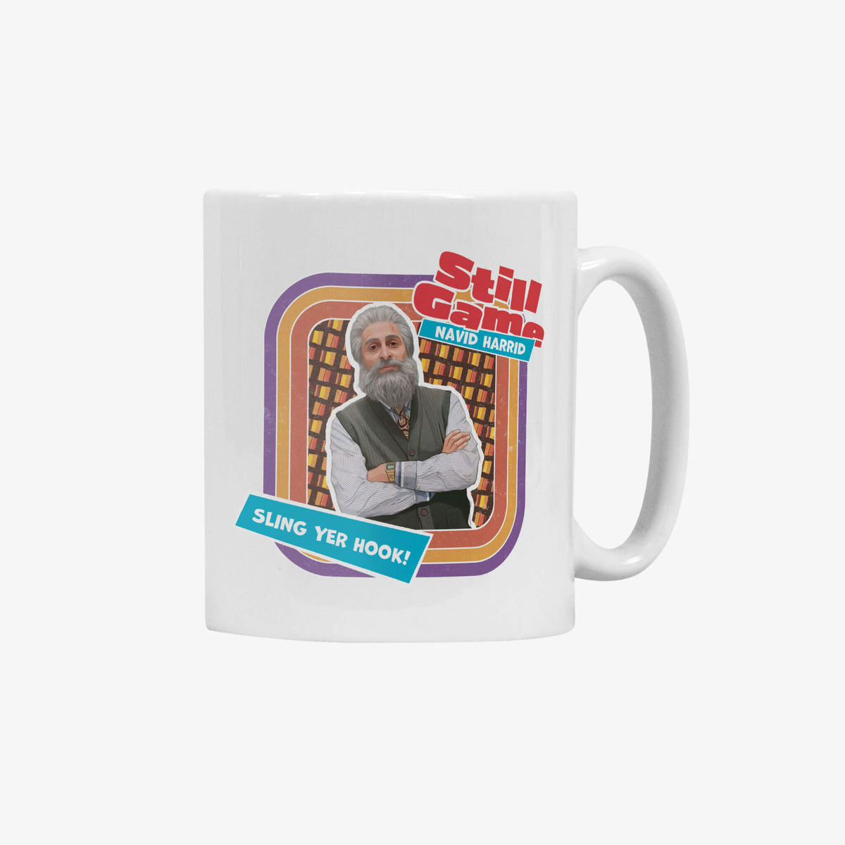 White ceramic mug with Navid Harrid: Sling Yer Hook! design