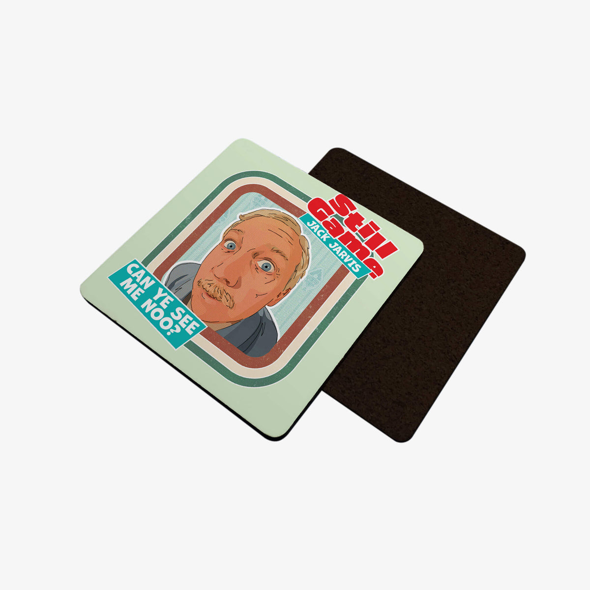 Front view of coaster with Jack Jarvis: Can Ye See Me Noo? design