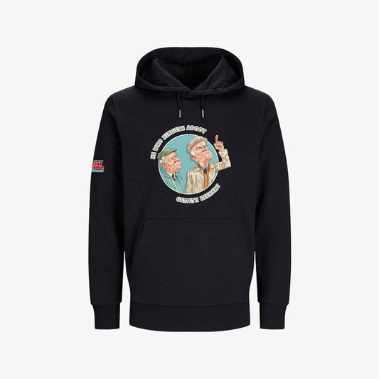 He Who Hingeth Aboot Hoodie - Black - Front View - Official Still Game