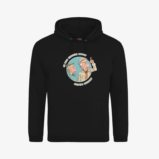 He Who Hingeth Aboot Hoodie - Black - Front View - Official Still Game