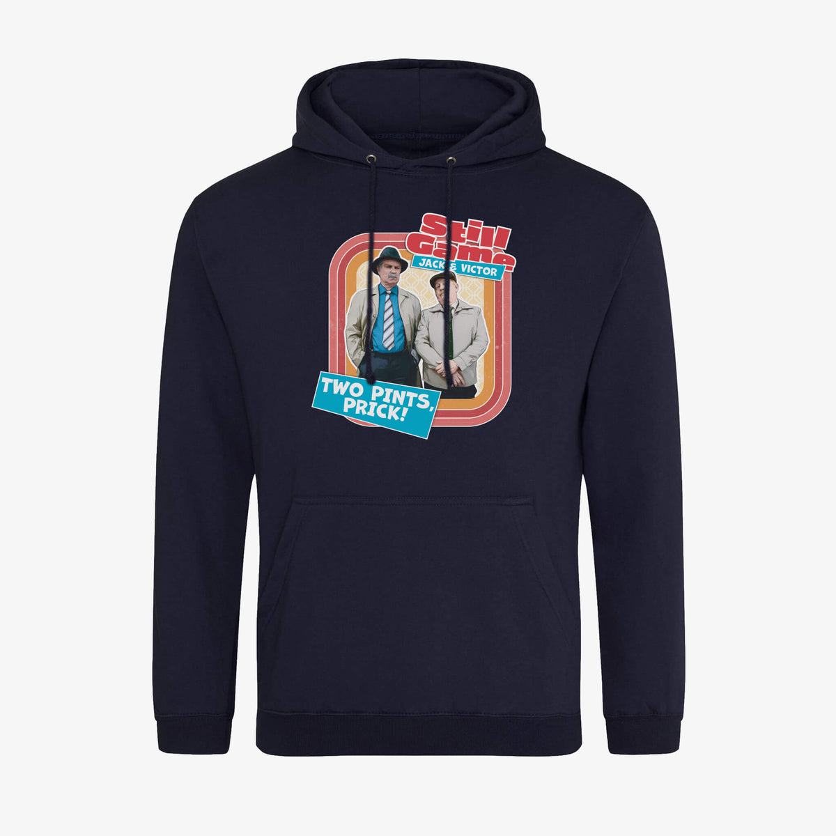 Front view of navy hoodie with Jack & Victor: Two Pints, Prick! design