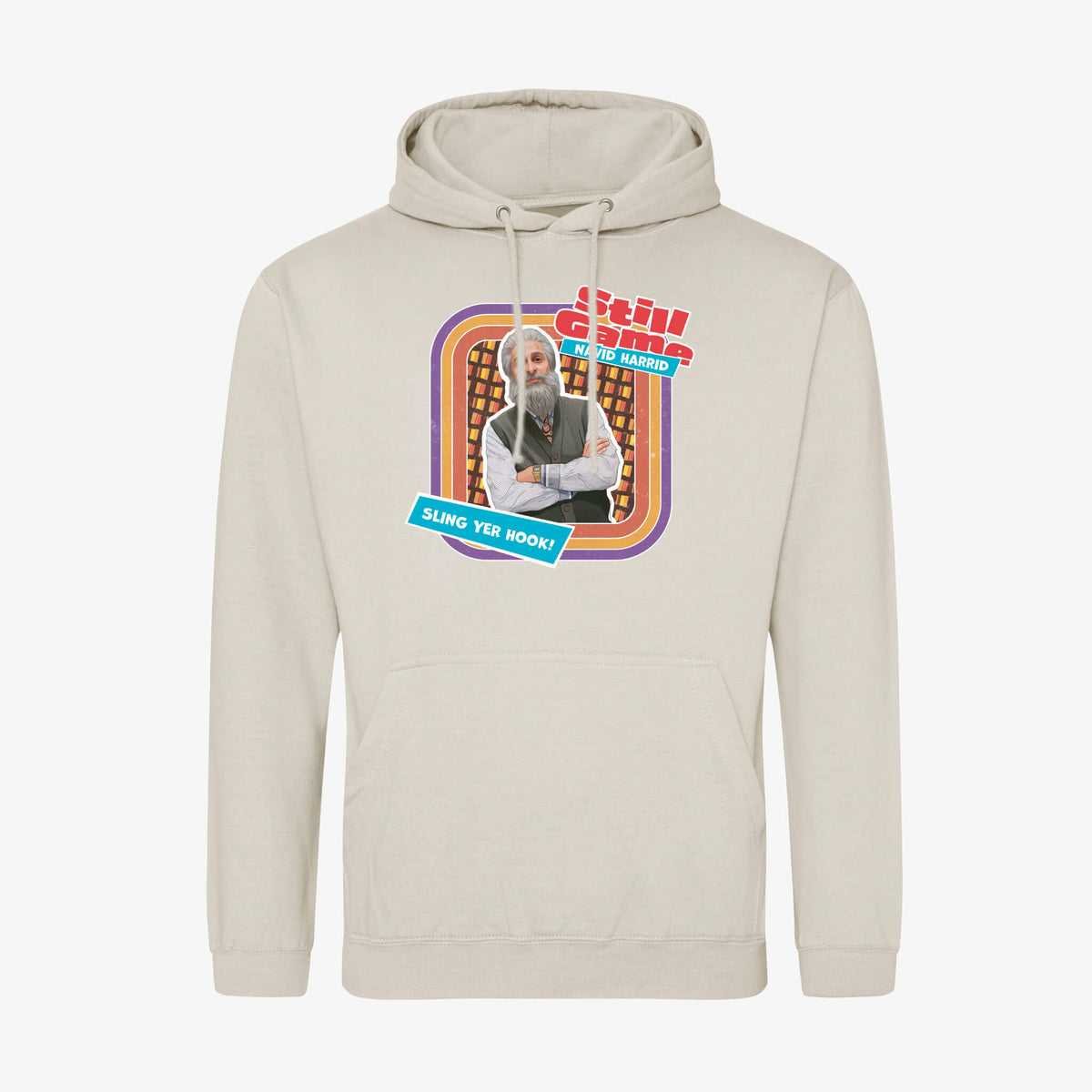 Front view of natural stone hoodie with Navid Harrid: Sling Yer Hook! design.