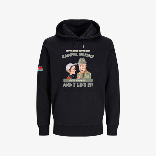 Huv Ye Heard Aw The New Rapper Music? Hoodie - Black - Front View - Official Still Game