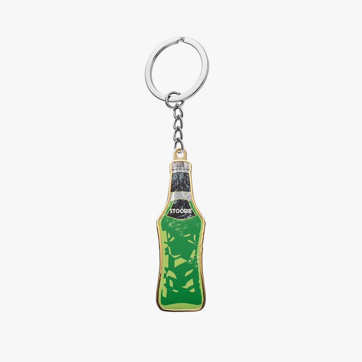 Soft enamel keyring in the shape of a bottle of Stoorie, as available in The Clansman, Craiglang