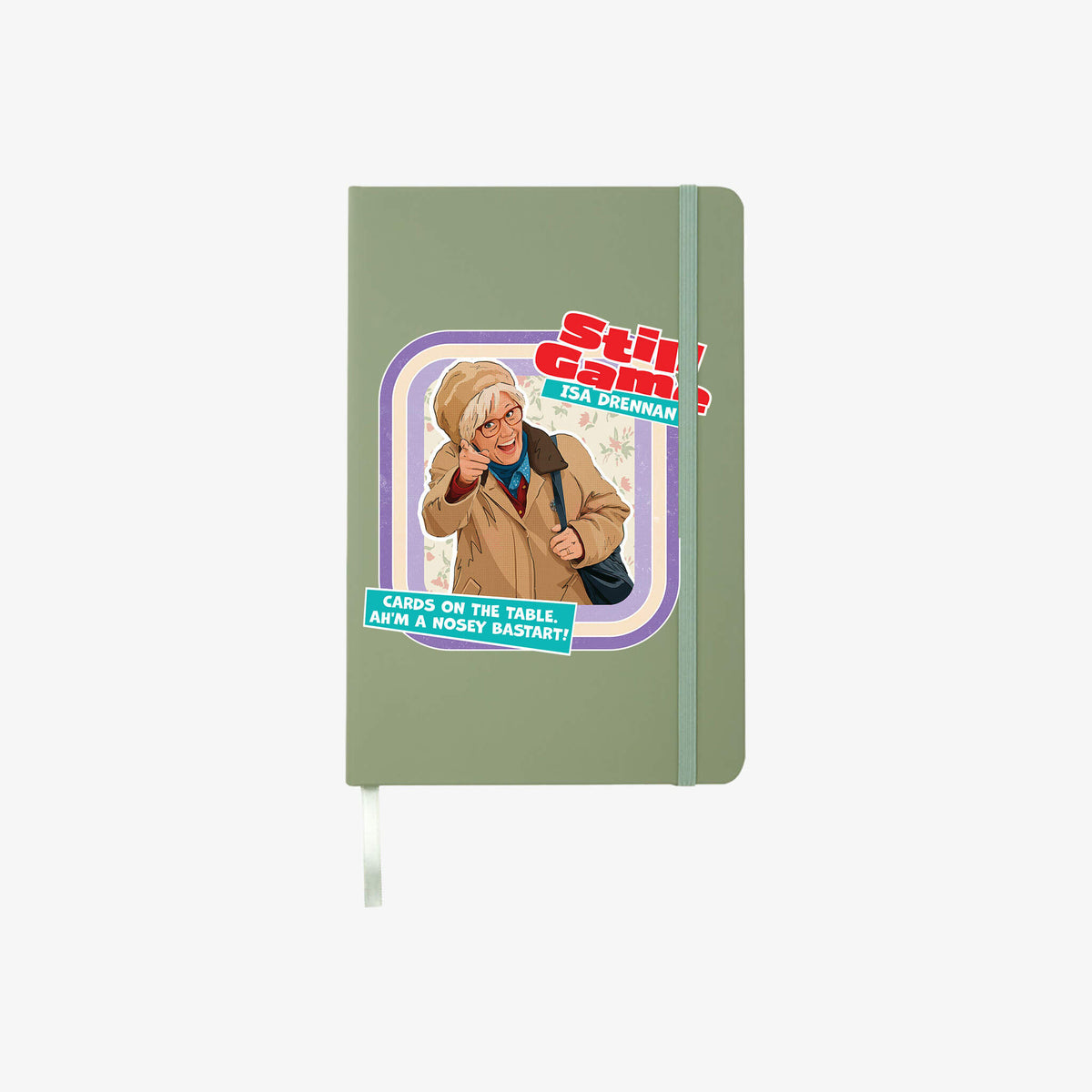 Front cover of A5 Heather green notebook with Isa Drennan: Cards On The Table design