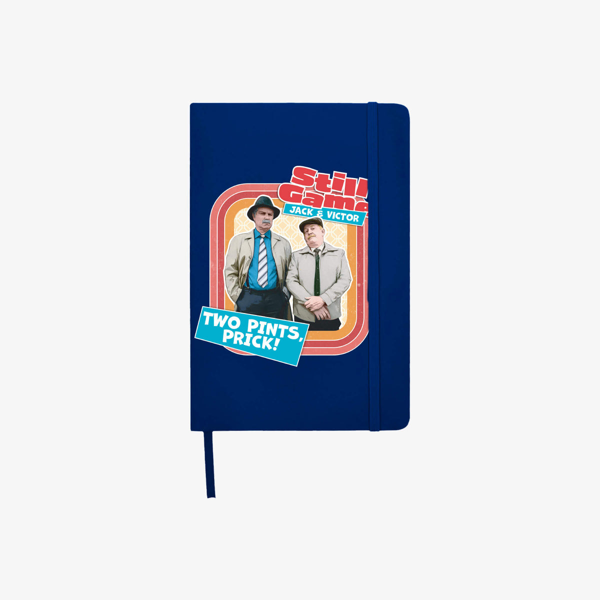Front cover of navy A5 notebook with Jack & Victor: Two Pints, Prick! design.