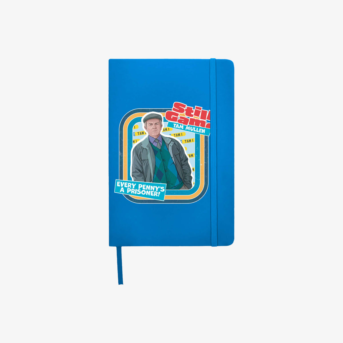 Front cover of A5 Blue notebook with Tam Mullen: Every Penny's A Prisoner! design.