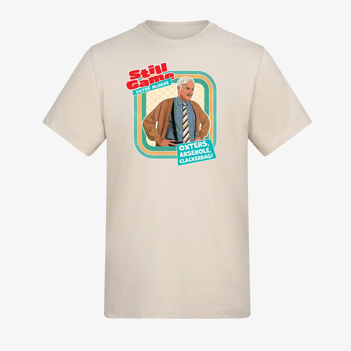 Front view of natural t-shirt with Victor McDade: Oxters design