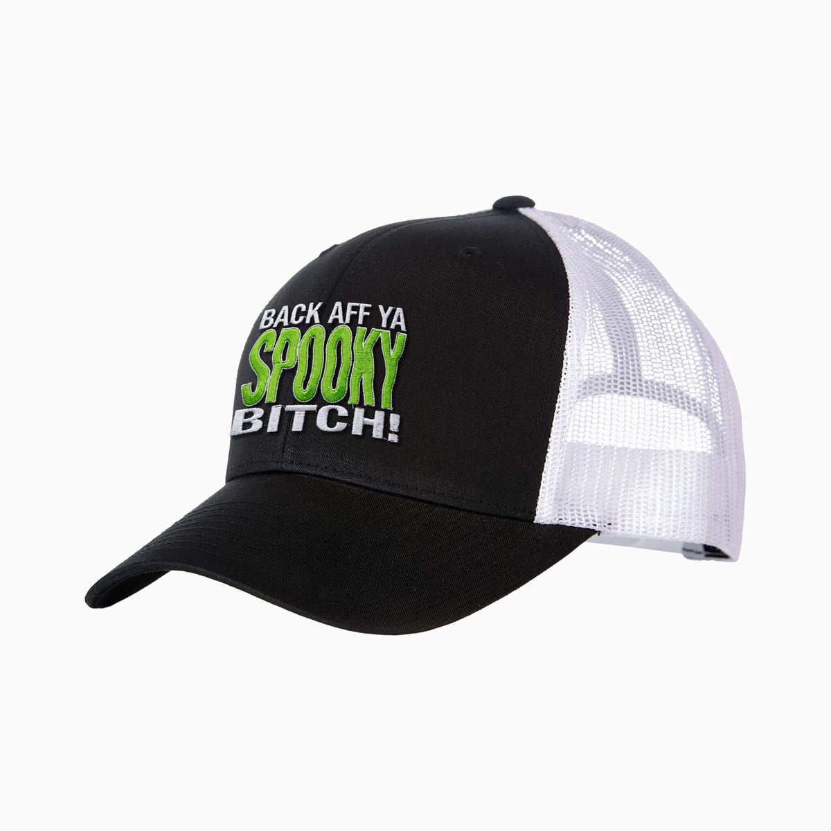 Front view of black & white trucker cap with embroidered back Aff Ya Spooky Bitch design