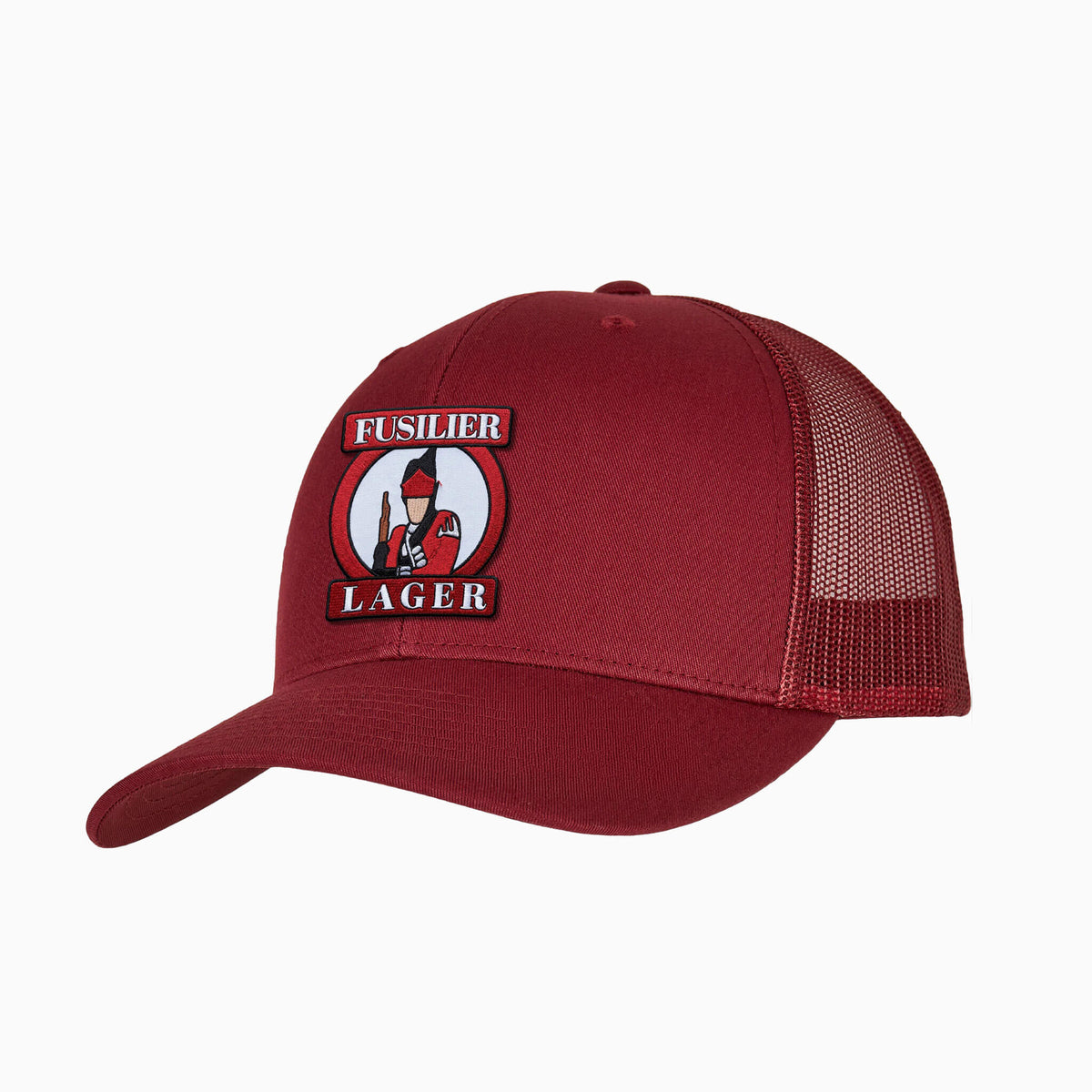 Front view of burgundy trucker cap embroidered with Fusilier Lager design.