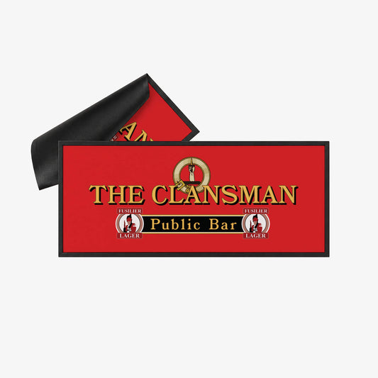 A bar runner with The Clansman, Craiglang branding.