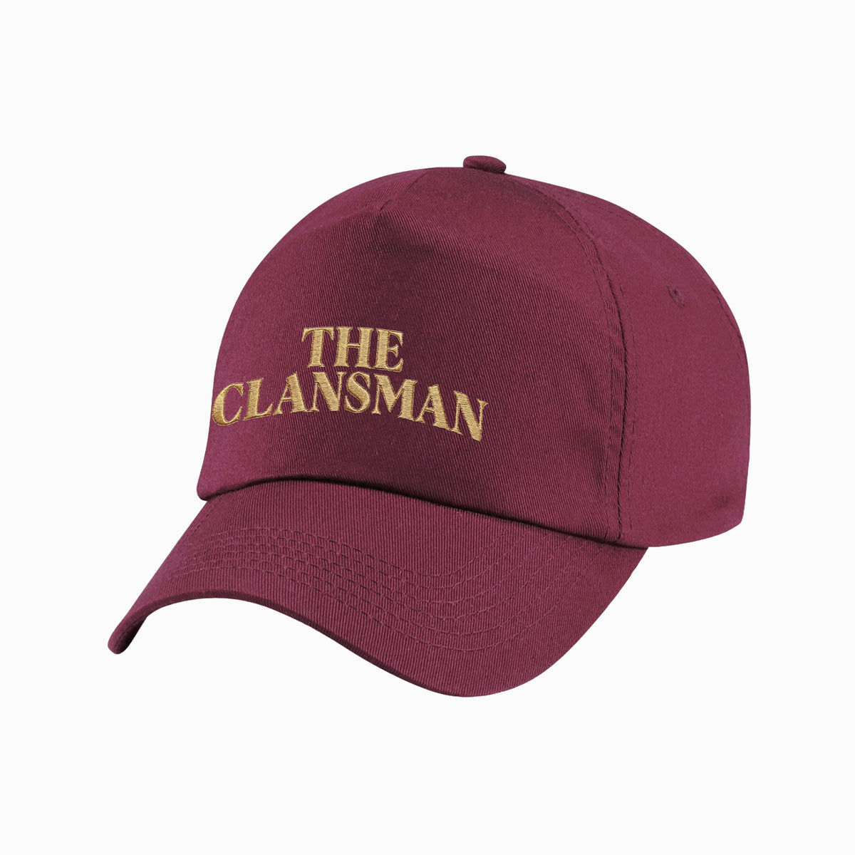 Front view of burgundy baseball cap with embroidered The Clansman text - The Clansman Craiglang Official Merch.