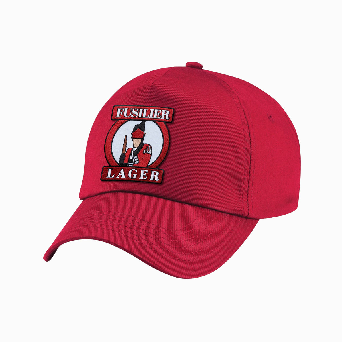 Front view of red baseball cap with embroidered Fusilier Lager design.