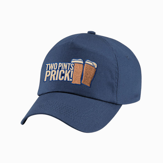 Front view of navy baseball cap with embroidered Two Pints, Prick! design.