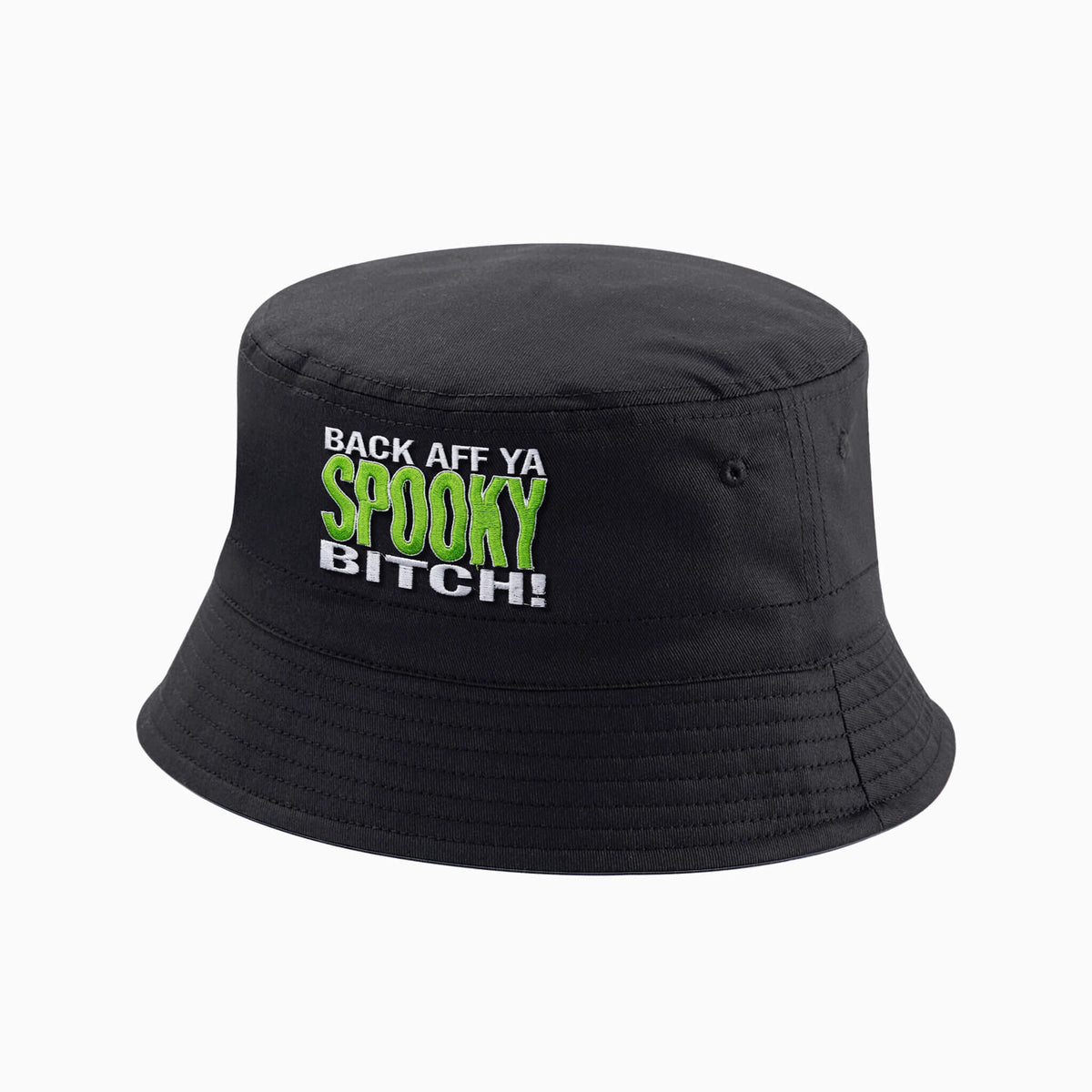 A black bucket hat with embroidered Back Aff Ya Spooky Bitch design