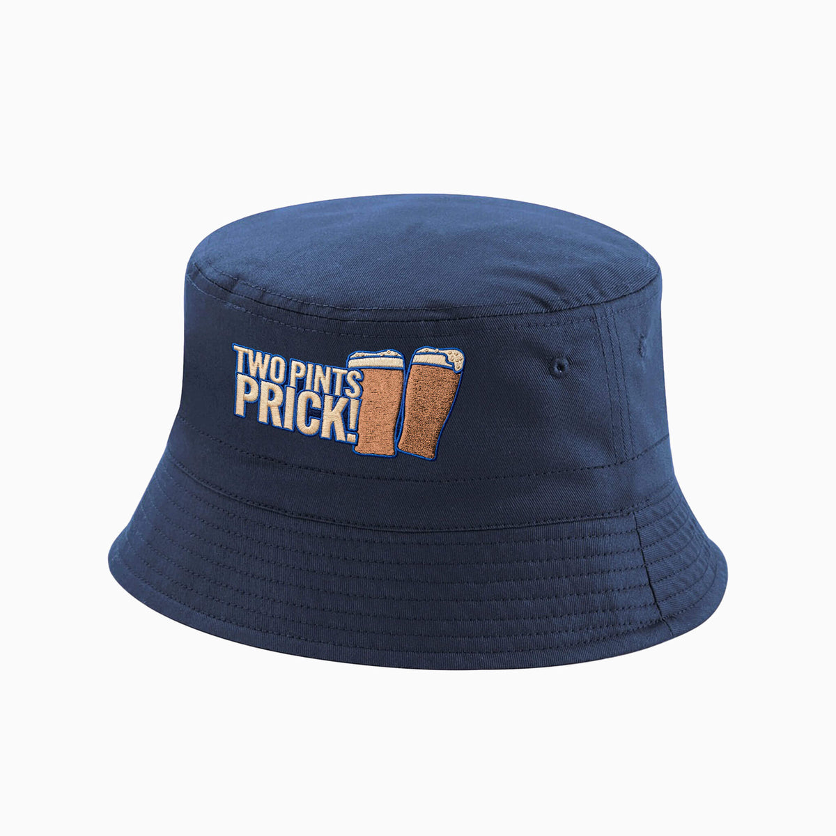 A navy bucket hat with embroidered Two Pints, Prick! design