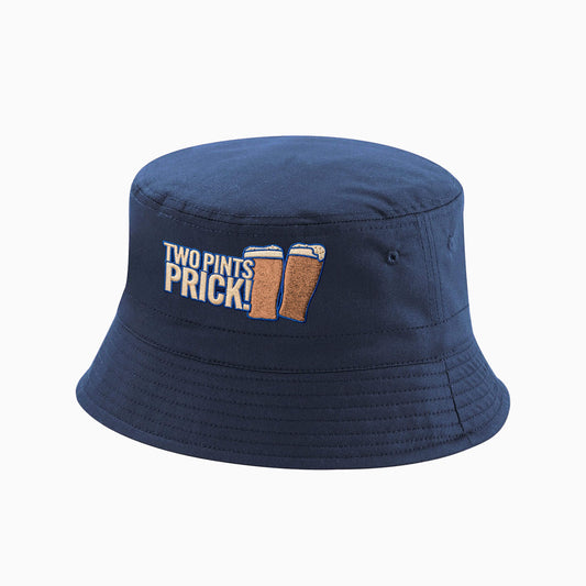A navy bucket hat with embroidered Two Pints, Prick! design