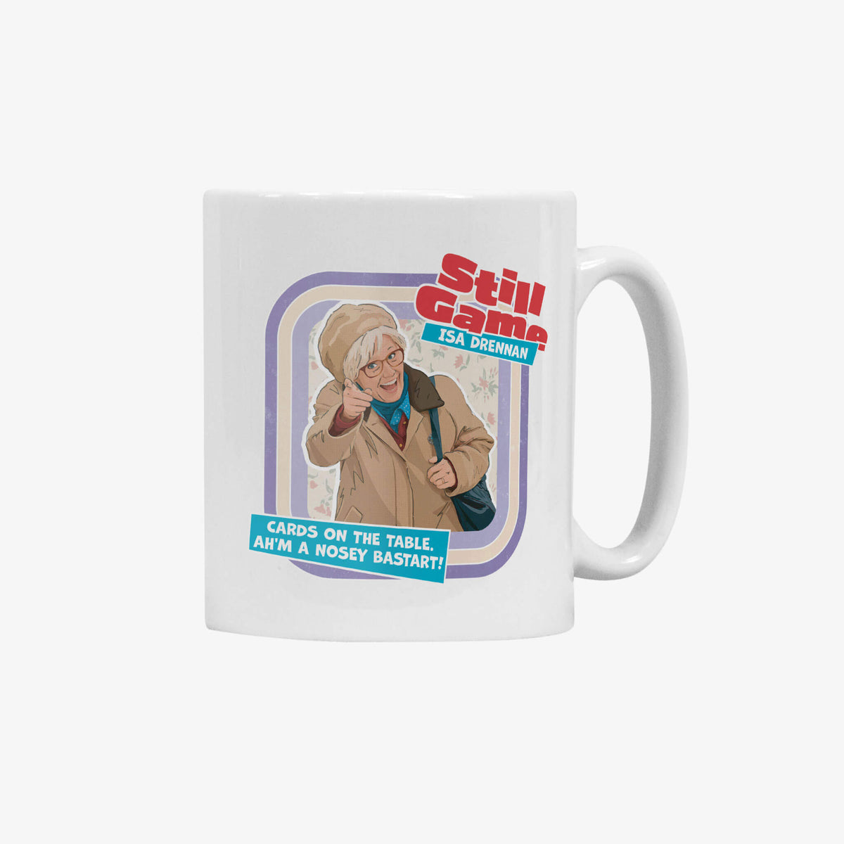 White ceramic mug with Isa Drennan: Cards On The Table design