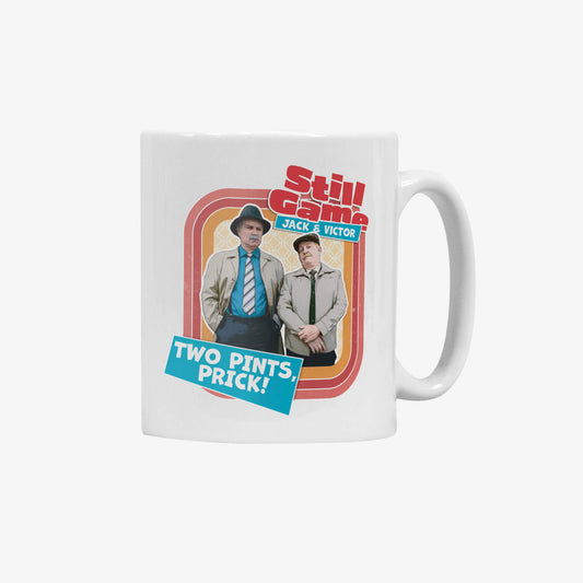 White ceramic mug with Jack & Victor: Two Pints, Prick! design.