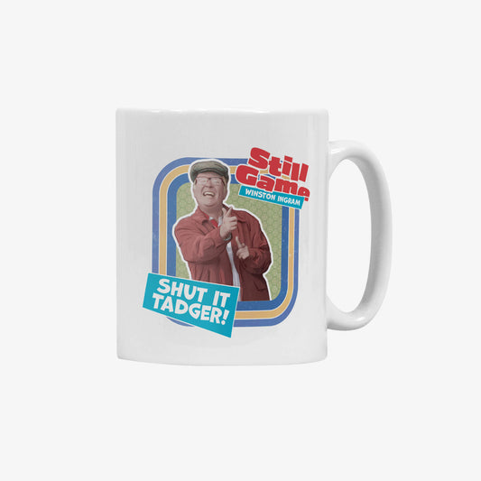 White ceramic mug Winston Ingram: Shut It Tadger! design