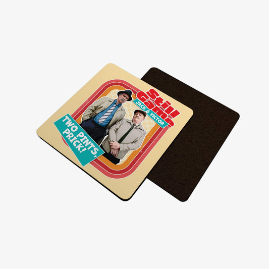 Front view of coaster with Jack & Victor: Two Pints, Prick! design.
