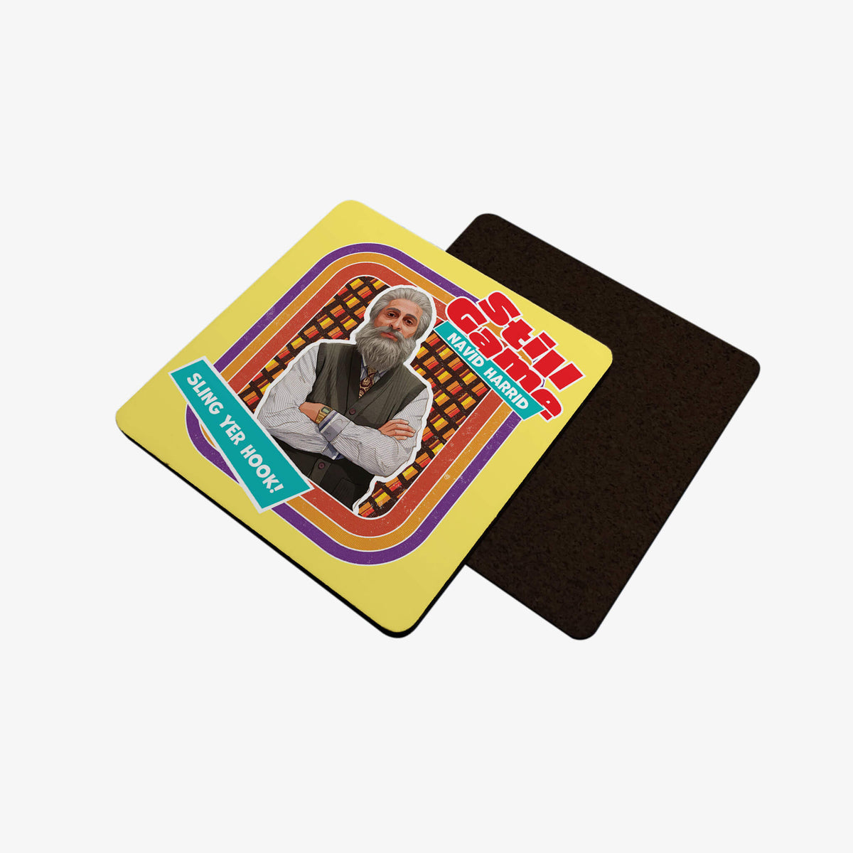 Front view of coaster with Navid Harrid: Sling Yer Hook! design.