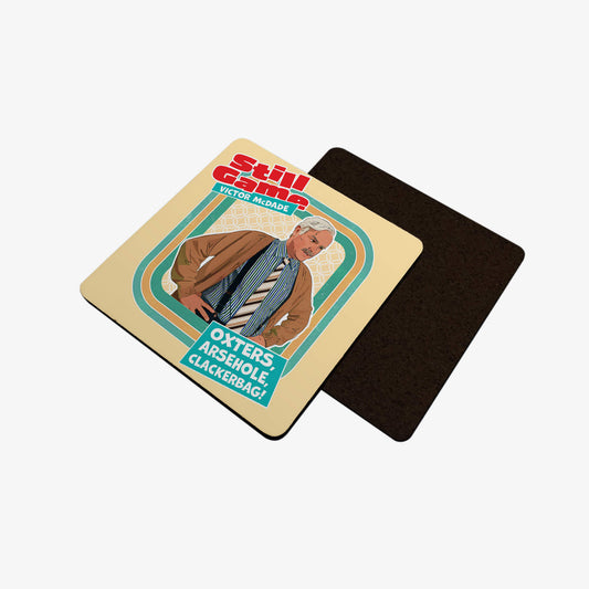 Front view of coaster with Victor McDade: Oxters design