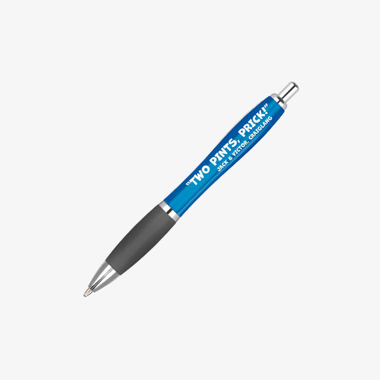 Jack & Victor: Two Pints, Prick! Ballpen with blue coloured barrel.