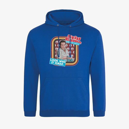 Front view of Royal Blue Hoodie with Boabby The Barman: Look Who It Isnae design