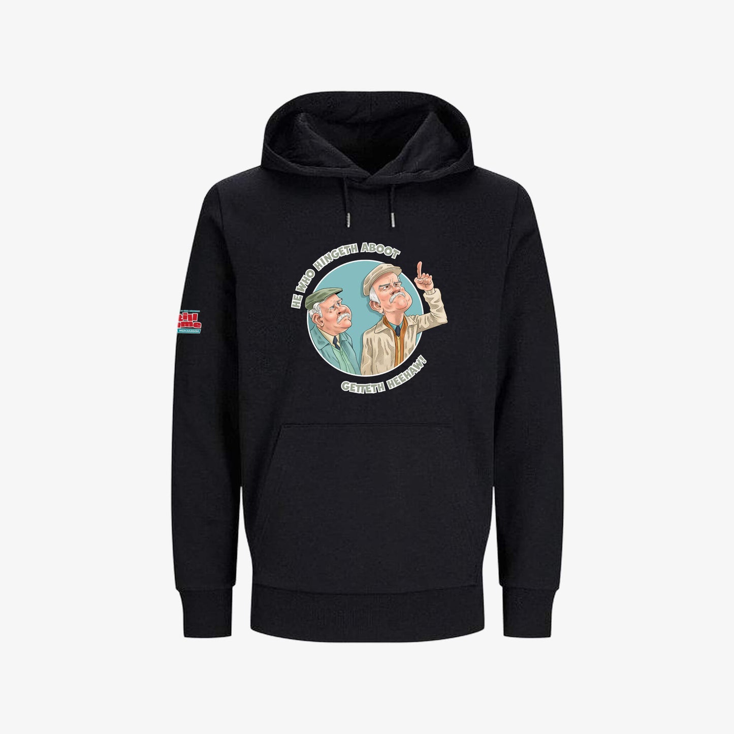 He Who Hingeth Aboot Hoodie - Black - Front View - Official Still Game