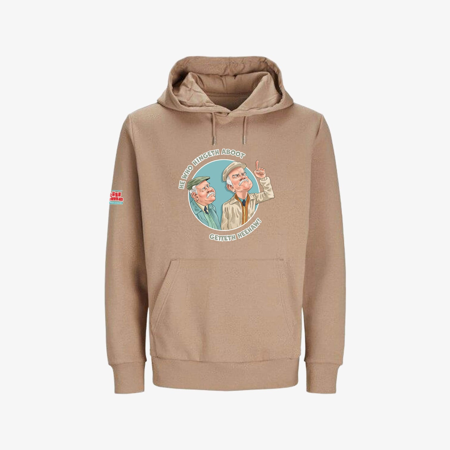 He Who Hingeth Aboot Hoodie - Warm Taupe - Front View - Official Still Game