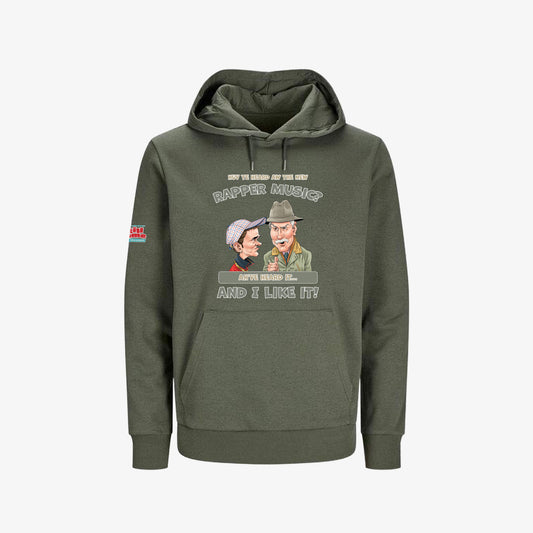 Huv Ye Heard Aw The New Rapper Music? Hoodie - Beetle Green - Front View - Official Still Game