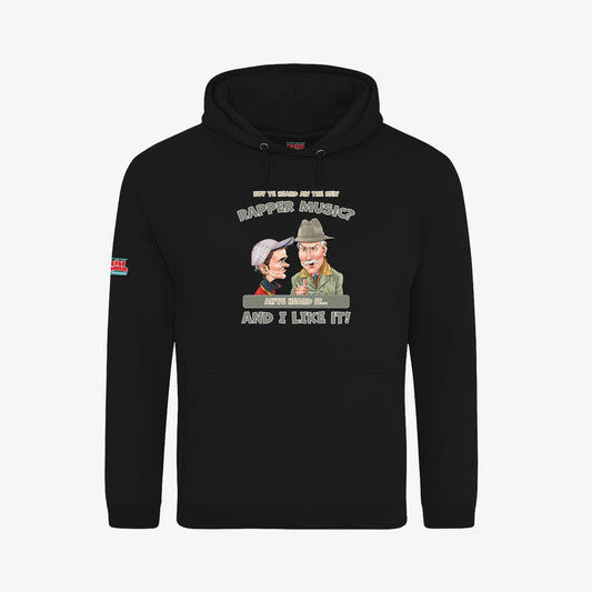Huv Ye Heard Aw The New Rapper Music? Hoodie - Black - Front View - Official Still Game