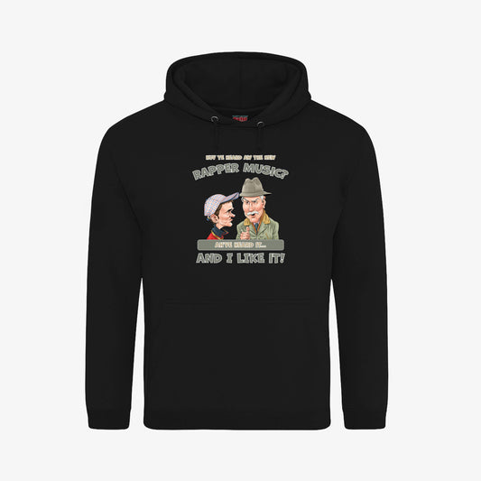 Huv Ye Heard Aw The New Rapper Music? Hoodie - Black - Front View - Official Still Game