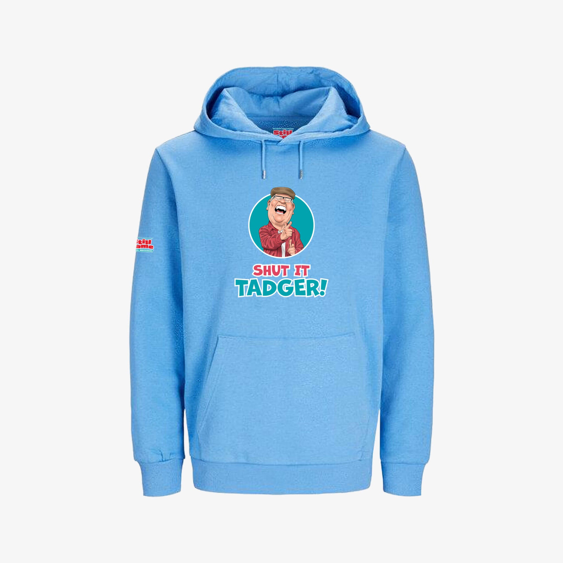 Shut  It, Tadger! Hoodie - Azure Blue - Front View - Official Still Game