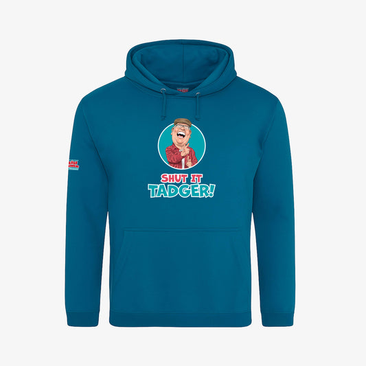 Shut  It, Tadger! Hoodie - Deep Sea Blue - Front View - Official Still Game