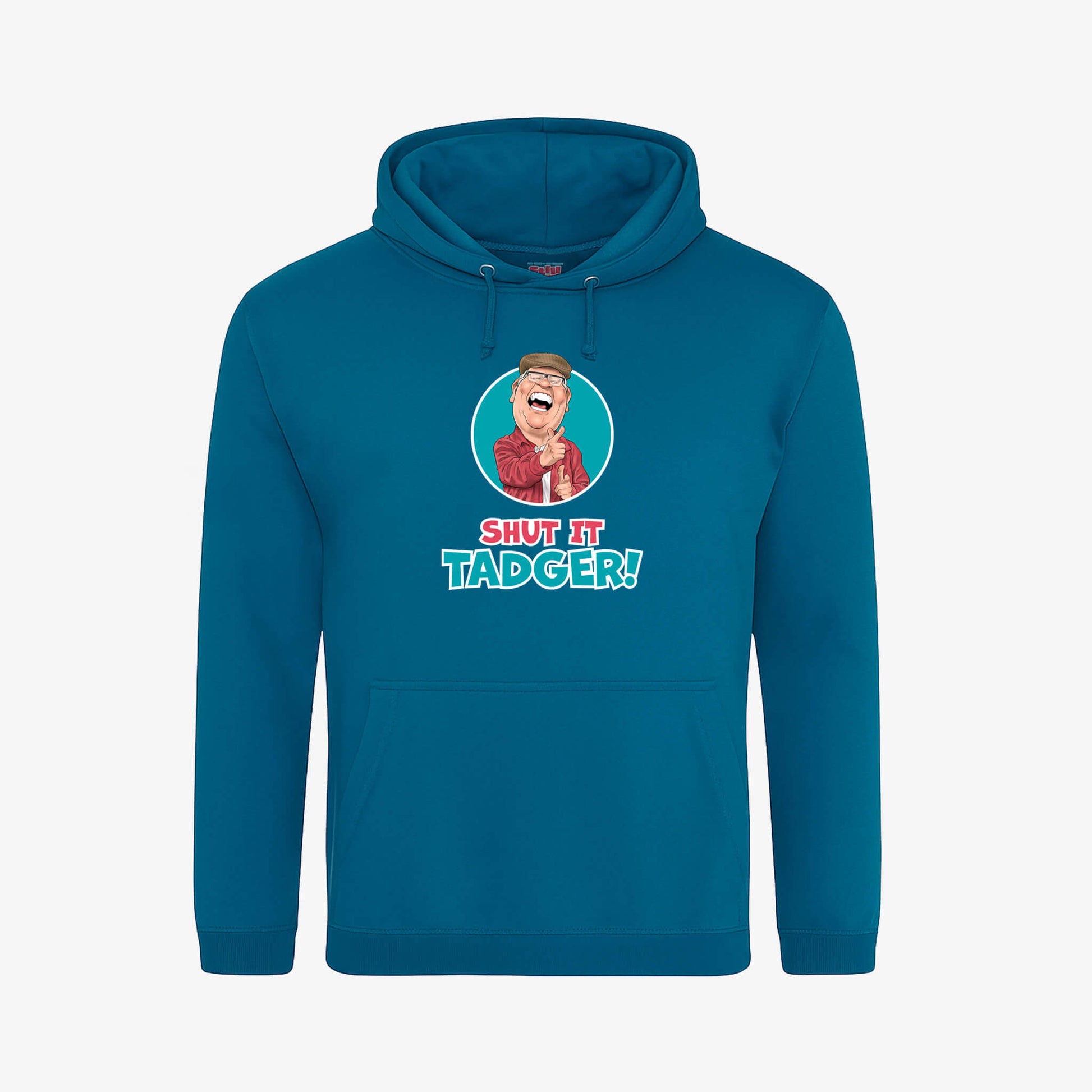 Shut  It, Tadger! Hoodie - Deep Sea Blue - Front View - Official Still Game