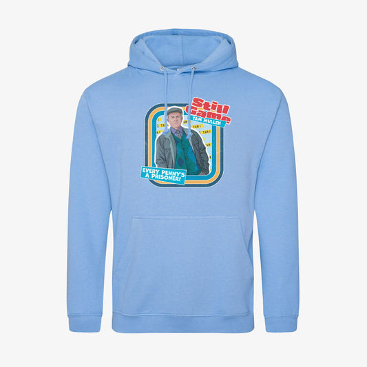 Front view of cornflower blue hoodie with Tam Mullen: Every Penny's A Prisoner! design