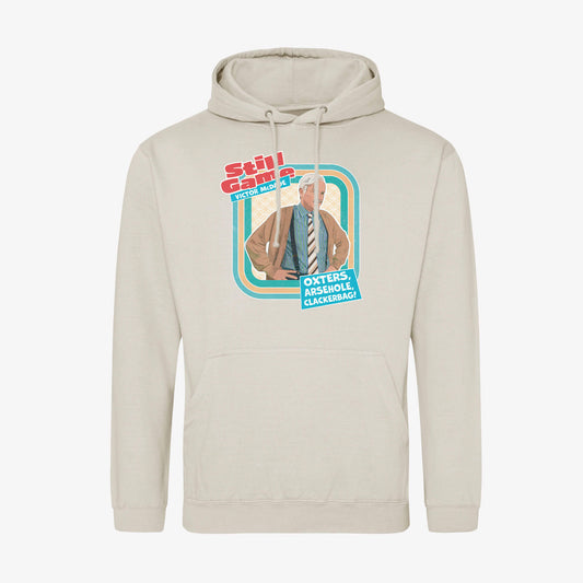 front view of natural stone hoodie with Victor McDade: Oxters design