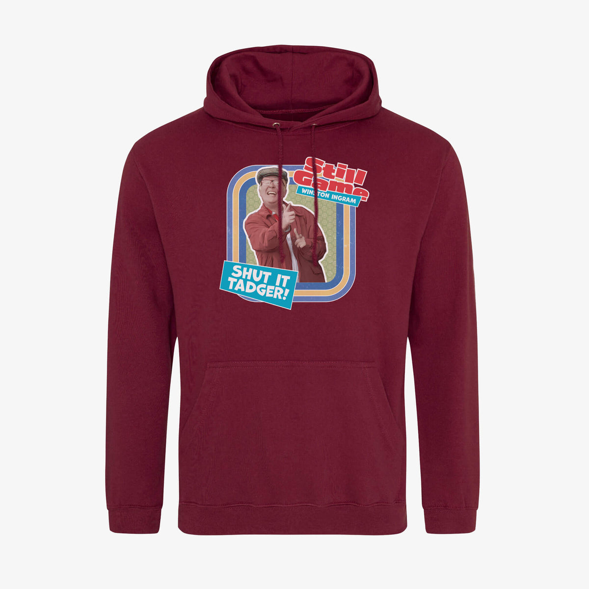 Front view of burgundy hoodie with Winston Ingram: Shut It Tadger! design