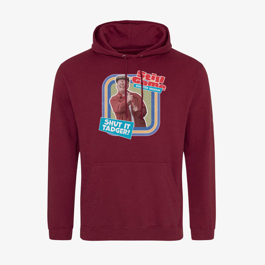 Front view of burgundy hoodie with Winston Ingram: Shut It Tadger! design