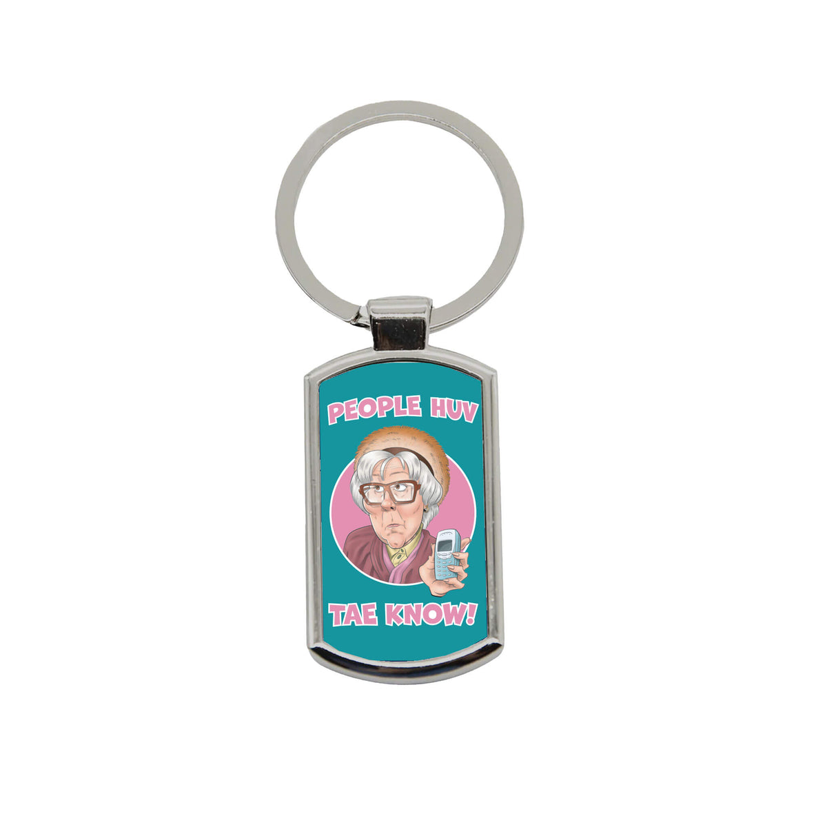 Metal split ring keyring with People Huv Tae Know decal