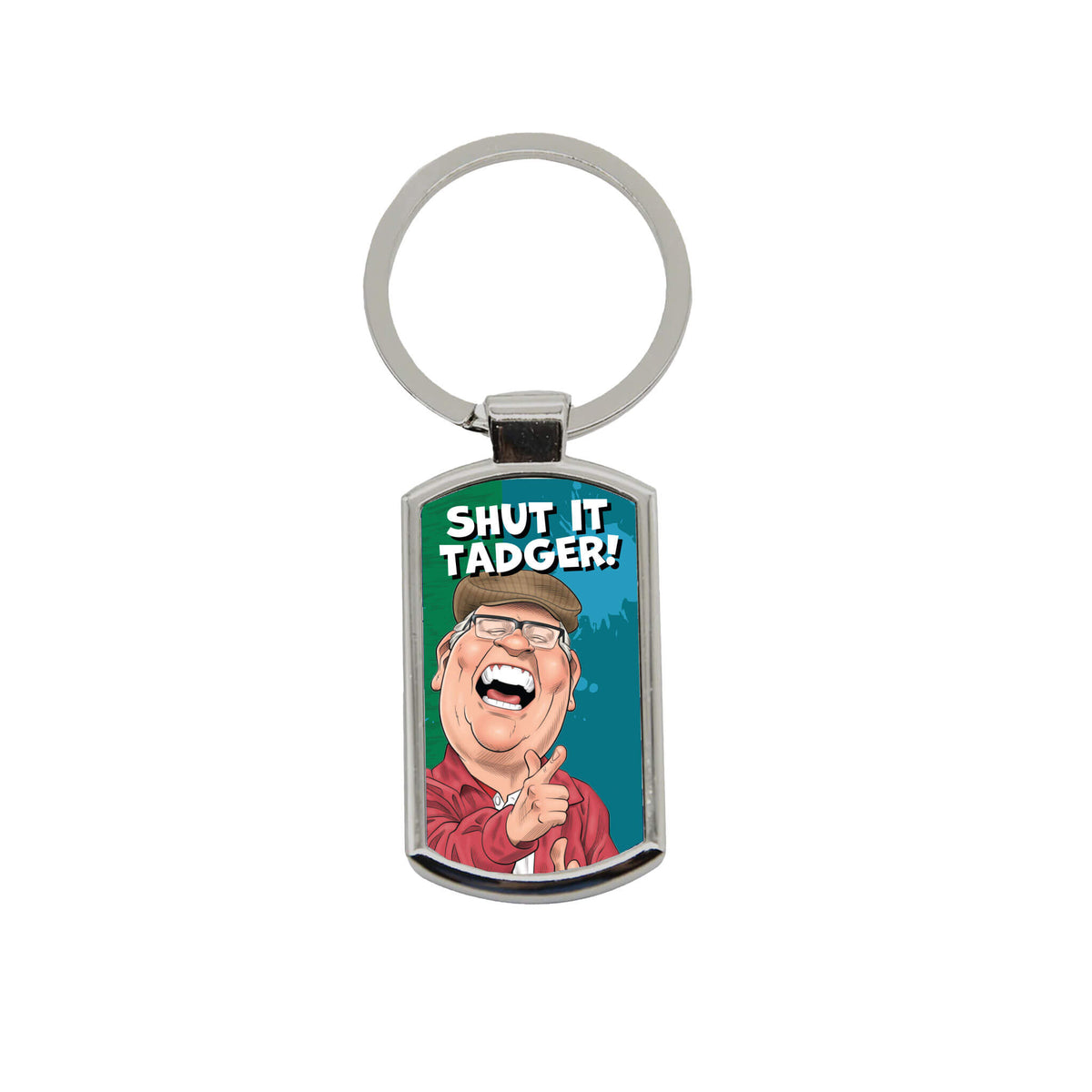 Metal split ring keyring with Shut It, Tadger decal