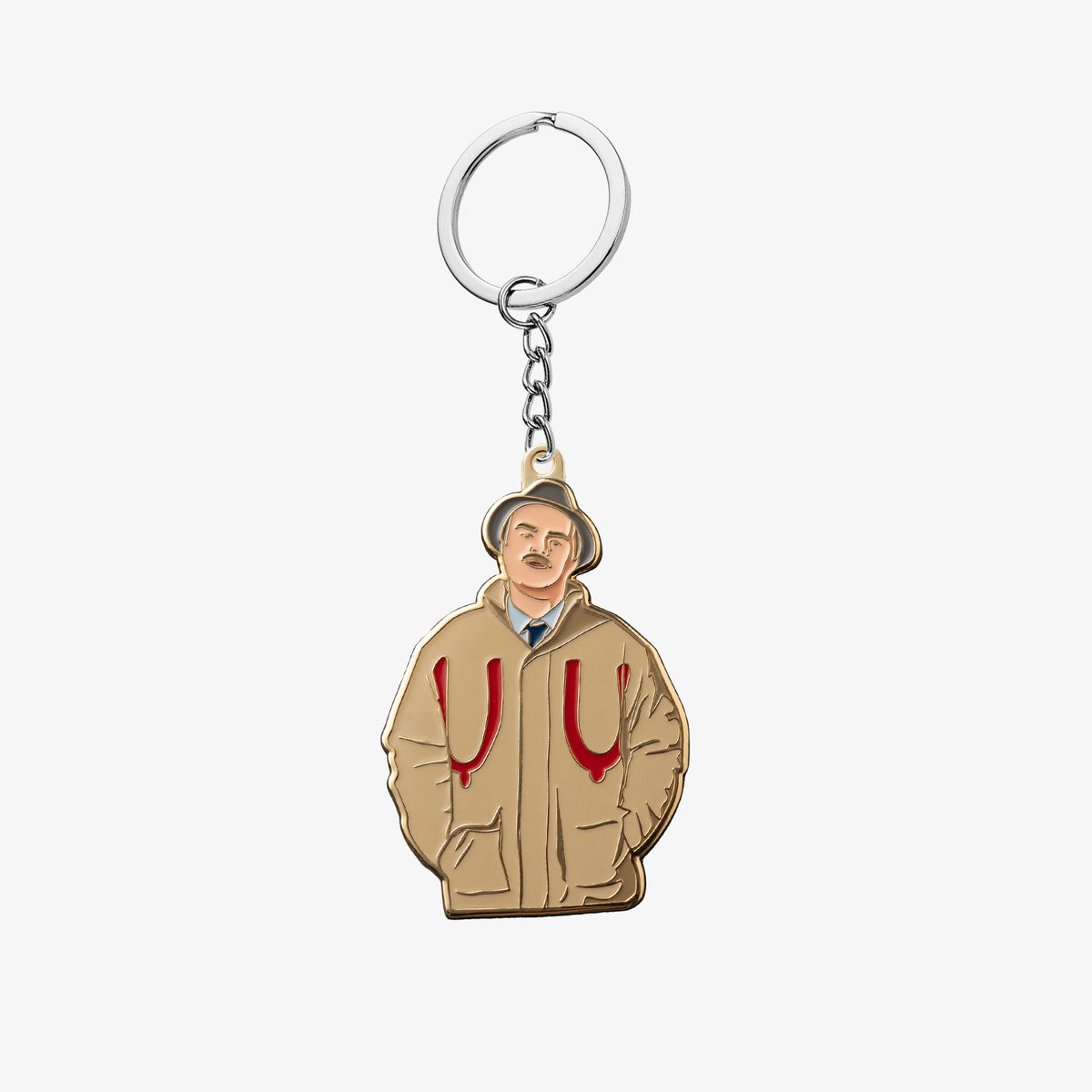 Soft enamel keyring in the shape of Victor McDade with boobs graffiti on jacket