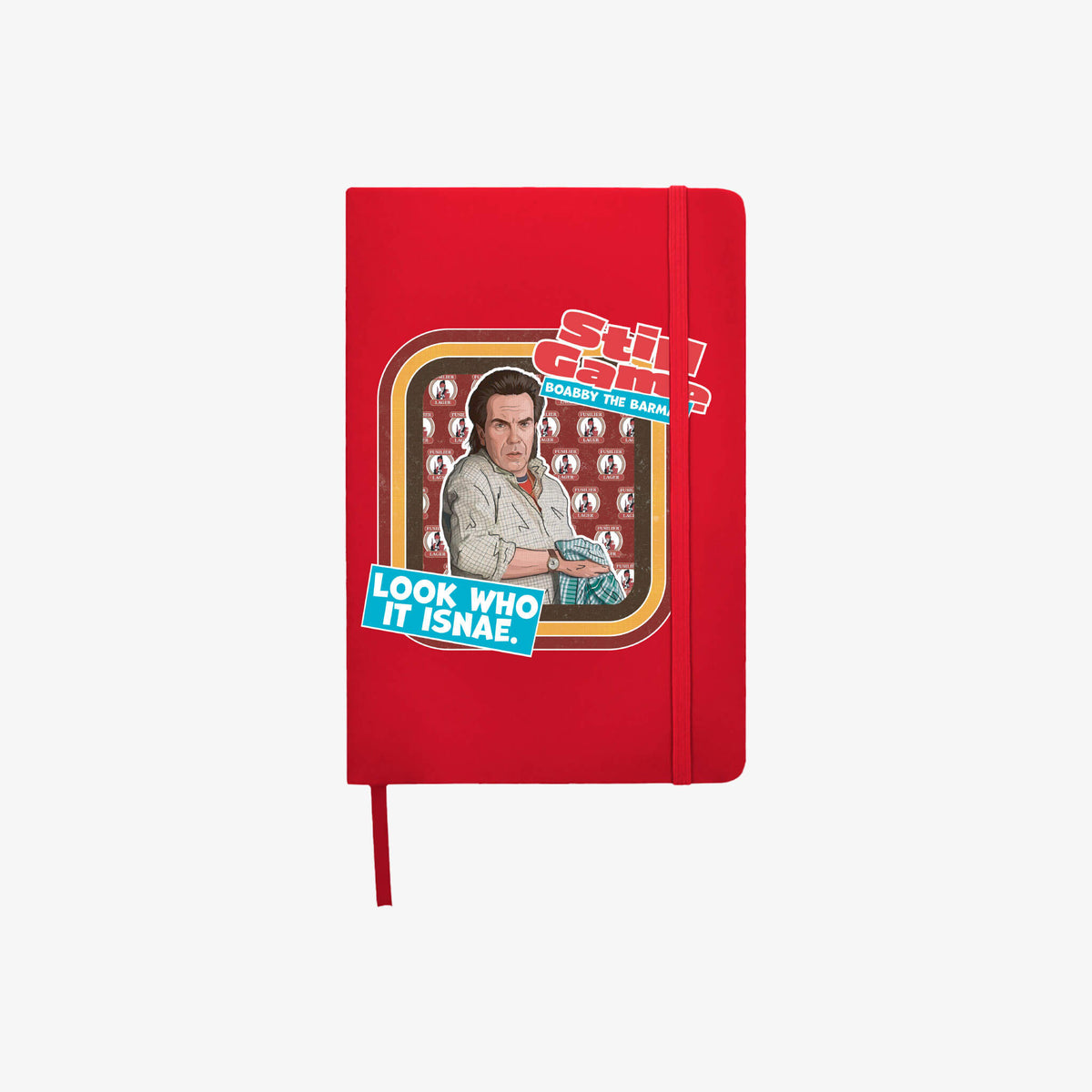 Front cover of A5 red notebook with Boabby: Look Who It Isnae design.