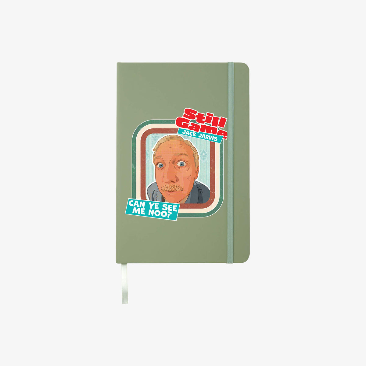 Front cover of A5 heather green notebook with Jack Jarvis: Can Ye See Me Noo design.