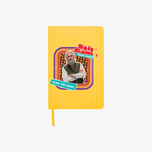 Front cover of A5 yellow notebook with Navid Harrid: Sling Yer Hook! design.
