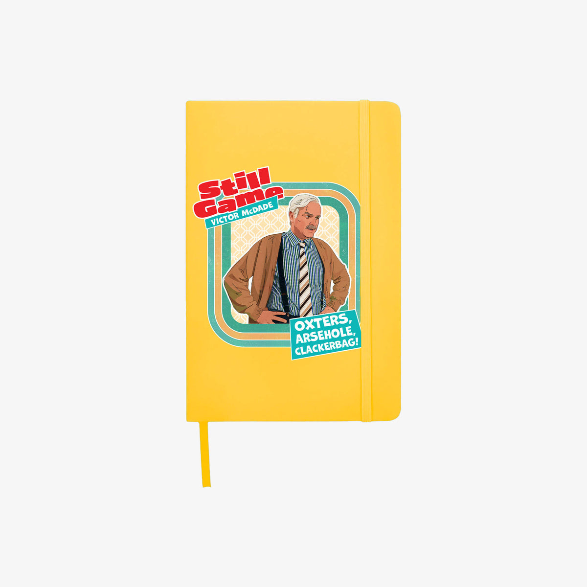 Front cover of A5 yellow notebook with Victor McDade: Oxters design.