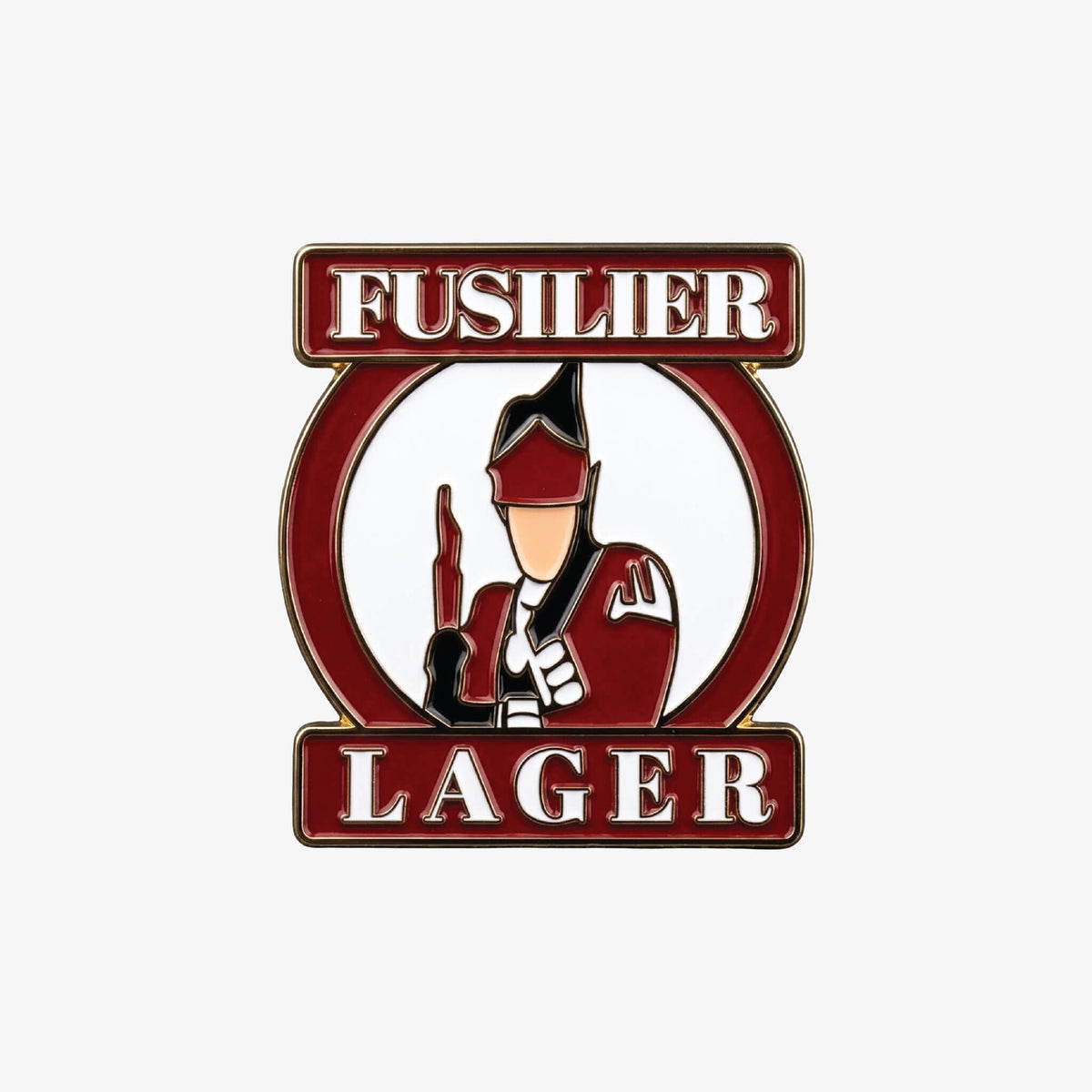 A soft enamel pin badge of the Fusilier Lager label, as sold in The Clansman, Craiglang